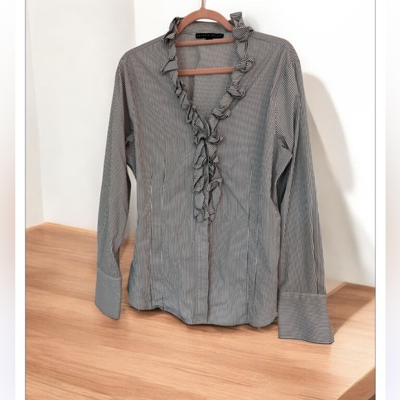 Antonio Melani size Large Ruffle Button Up Blouse Top Striped Grey Cuffed Sleeve - Picture 1 of 3
